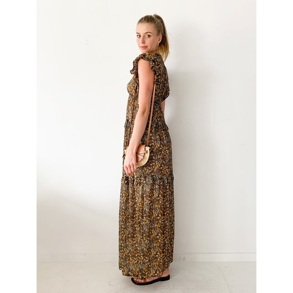 BA&SH Samantha Ruffled Printed Georgette Maxi Tiered Dress in Carbone 242/040 - Picture 11 of 14
